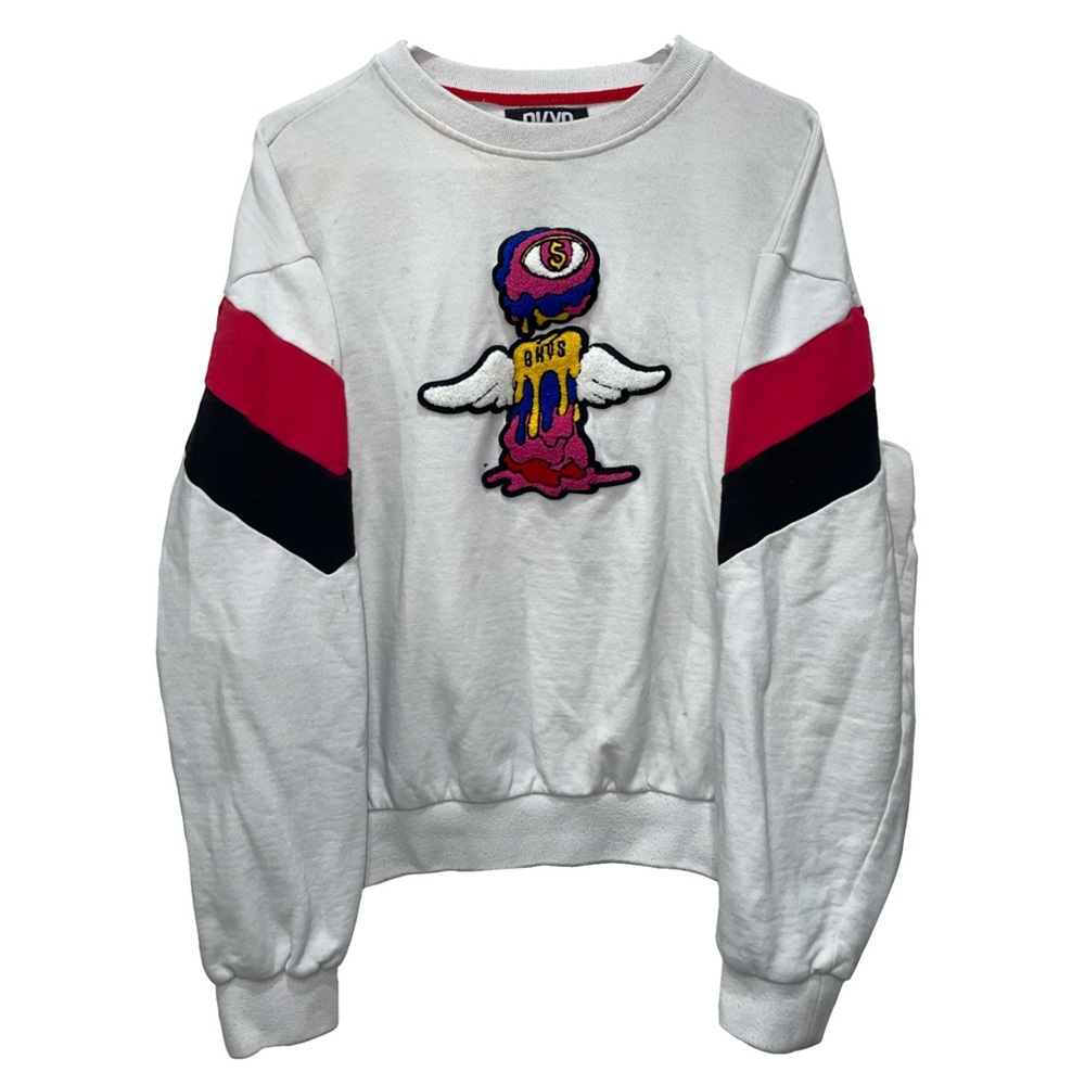 Men's Black Keys Melting Candle Crew Neck White Sweater Size 3XL (See Pics)